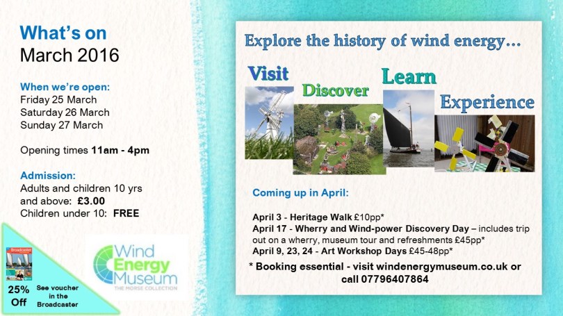 We're open 25, 26, 27 March. Opening times 11am-4pm. Admission £3 Adults and children 10 yrs plus. Under 10s are free. 25 per cent off with voucher in the Broadscaster Newspaper.